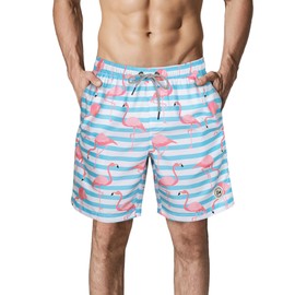 SURF CUZ Mens Swim Trunks 7" Swimming Trunks with Mesh Liner Quick Dry Swim Shorts for Men Swimwear Bathing Suits Pockets,Flamingo Stripes,L