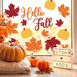 Whaline 6 Sheets Fall Window Clings Sparkly Autumn Pumpkin Maple Leaves Reusable Window Decals for Harvest Thanksgiving Party Supplies Home Classroom Office Decor