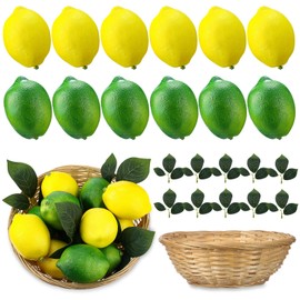 Wavwavw 12 Pcs Fake Lemon Artificial Fruits Yellow Green Faux Lemon Limes Mix Set with 10 Pcs Leaves 1 Pcs Woven Basket Lifelike Fake Lemon Decor for Kitchen Party Table Photo Prop Home House