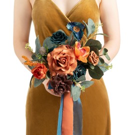 Ling's Moment Artificial Flowers Teal Bridesmaid Bouquet, Burnt Orange Wedding Flowers Bouquets for Bridesmaids, 7 Inch Bridal Bouquets for Bridesmaids, Wedding Decor, Ceremony, etc.