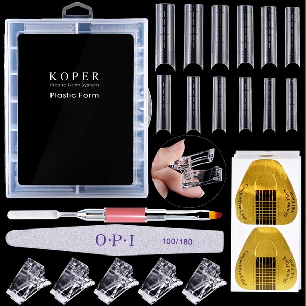 Kalolary 120PCS Clear Nail Dual Forms Tips Sets with 50pcs Nail Art Forms Stickers, 1pcs Dual-Ended Nail Brush, 1pcs Nail File and 5pcs Nail Tips Clips for Acrylic Nails Extension