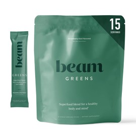 Beam Greens Powder, Superfood Supplement for Gut Health, Vegan Organic Blend with Ashwagandha, Vitamin C, B12, B6, D, Non-GMO Daily Detox & Immune Support, Strawberry Kiwi Flavor, 15 Servings