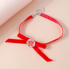 Wendalern Gothic Red Velvet Choker Necklace Classic White Rose Flower Choker 3D Resin Floral Collar Necklace Vintage Bow Flower Velvet Ribbon Choker Chain Necklace Cosplay Jewellery for Women Girls