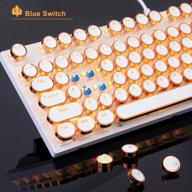 MageGee Typewriter Mechanical Gaming Keyboard, Retro Gold Punk Round Keycaps