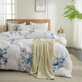 mixinni Garden Style Floral White Comforter Set Twin XL Bedding Comforter Fluffy Soft Microfiber Comforter 3 Pieces Blue and Purple Leaf Pattern Bed Set with 2 Pillowcases for Women