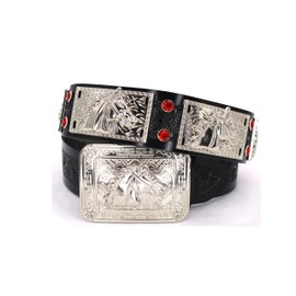 West Star Texas Rhinestone with Concho Fabric Belt Aztec Print Men Women Cowboy Genuine Leather 2 inches Width- Horse 802 BK M