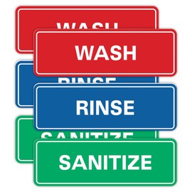 All Quality Standard WASH RINSE SANITIZE Sign (5-Pack - 15 Pieces) - Red, Blue, Green (Small)