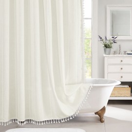 MitoVilla White Boho Extra Long Shower Curtain 72 x 84, Modern Farmhouse 84 inch XL Rustic Polyester Linen Tassel Heavy Duty Shower Curtain Set with Hooks for Cottagecore Country Bathroom Decor Ivory