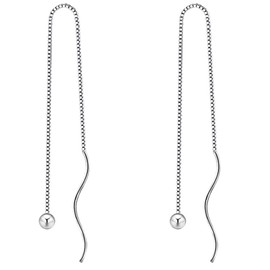 LÖB Women's Geo Pull-Through Earrings 925 Sterling Silver Round Pendant Stud with Chain and Pearl Ball Hanging Long LSIO135, Sterling Silver, Pearl