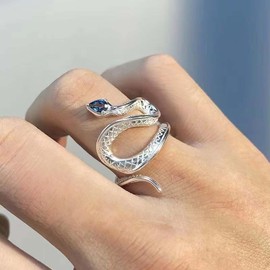 Inilbran Punk Blue Crystal Snake Finger Ring Vintage Snake Wrap Open Ring Silver Cobra Snake Open Knuckle Ring Snake Adjustable Stacking Ring Jewellery for Women, Zinc