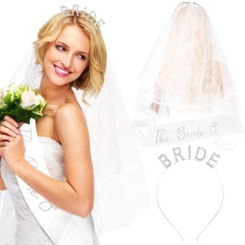 KICOSY Bride Headband and Sash Veil for Bachelorette Party Tiara Veil for Wedding Bridal Shower Hairband With Veil Bridal Sash Wedding Headpiece for Bride