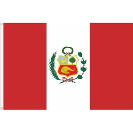 FLAG OF PERU WITH SHIELD. PREMIUM SATIN QUALITY. LARGE SIZE 150X90 CM.