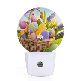 Axayaz Easter Colorful Eggs Night Light Plug Into Wall Basket Eggs with Polka Dot Flowers Leaves Grass Ribbon Auto Sensor LED Dusk to Dawn Light for Bedroom Staircase