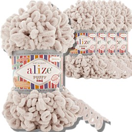 Alize 5x 100g Puffy Fine türkische Wolle Super Bulky Chenillegarn Babywolle Handstrickgarn ohne Nadel zum häkeln weiches Chenille-Garn XXL-Knäuel für Amigurumi (Bone | 599)