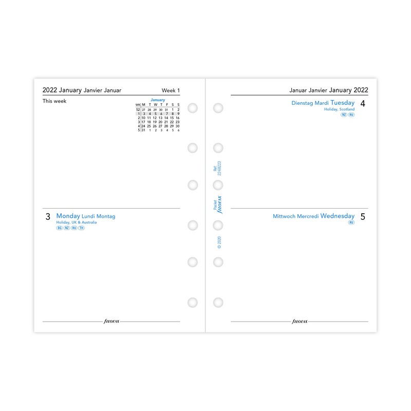 Filofax Pocket 2 Days on One Page (Multilingual) 2022, 22-68223