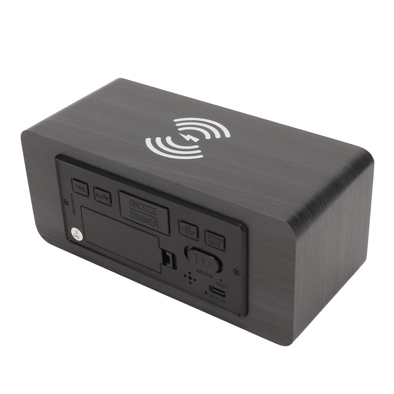 Wooden Digital Alarm Clock with Wireless Charging Black Adjustable Brightness