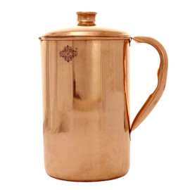 Indian Art Villa Handmade Pure Copper Pitcher Jug 40 OZ with 1 Copper Glass Cup 10 OZ