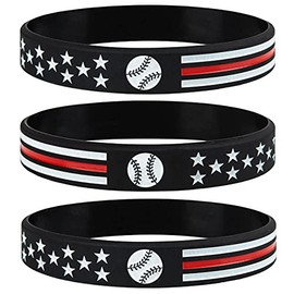 Sainstone Baseball Inspirational Silicone Bracelets with American Flag, Thin Red Line Motivational Rubber Wristbands Gifts for Patriots, Men, Women, Youths Teens and Sport Fans (Unisex)