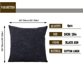 GONOVE Cushion Covers 50×50cm Solid Soft Cotton Linen Throw Pillow Cover Set of 4 Decorative Plain Pillowcase Square Cushion Cover for Home Sofa Bed Chair Décor, Black Ash
