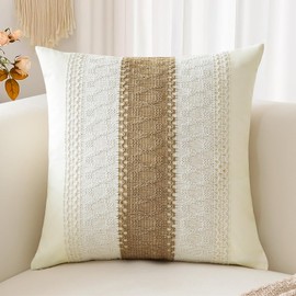 Sungeek Boho Decorative Cushion Cover 40x40cm, Cotton & Burlap Textured Striped Woven Bohemian Farmhouse Throw Pillow Cover Pillowcase for Sofa Couch Living Room, Single Striped, 1 PCS