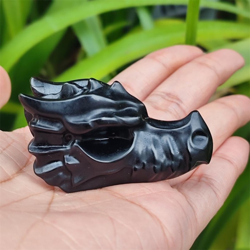 TEAMWILL 2" Natural Obsidian Crystal Dragon Head Statue Realistic Black