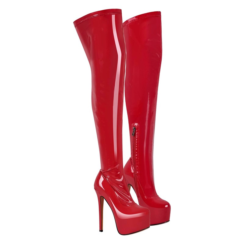 blingqueen Women's Stretch Boots Overknee Boots Platform Stiletto, Lacquer red