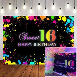 Avezano 7x5ft Sweet 16 Backdrop Neon 16th Birthday Banner Sweet 16 Glow in The Dark Party Decorations Graffiti Sweet Sixteen Party Photo Booth Decor