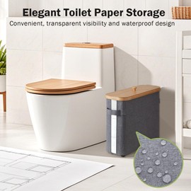 Bamboo Toilet Paper Organizer for Bathroom，Bathroom Toilet Paper Basket with Lid and Handle，Toilet Paper Storage Basket, Collapsible Toilet Paper Storage Holder Stand with Non-Slip Bottom, Gray
