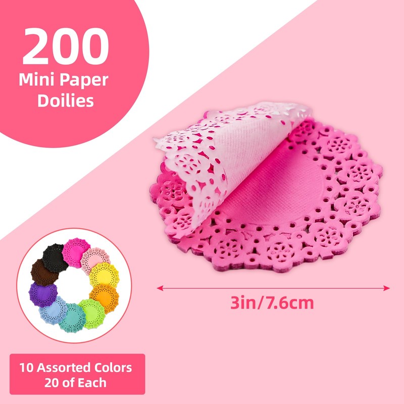 200 Pcs 3 Inch Round Lace Coloured Paper Doilies, Assorted