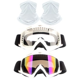 immoono 2Pcs Motocross Goggles with Neck Gaiter Dirt Bike ATV Racing Ski Motorcycle Goggles Cycling Glasses for Outdoor Sport, White Frame Colorful-Transprent Lenseses