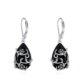 YFN Vintage Flower Earrings Sterling Silver Black Tourmaline Dangle Drop Earrings Crystal Healing Jewelry Spiritual Protection Gifts for Women Girls