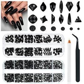 2530Pcs Black Nail Rhinestones 120 Multi Shapes Flatback Jet Black Gems +2410 Round Beads K9 Glass Nail Crystals Stones Diamonds jewels Nail Art Supplies Nail Charms for Nails Faces Eyes Makeup Crafts