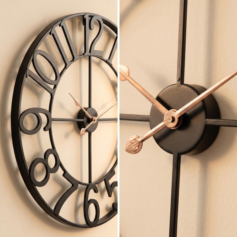 AMAATE Black Gold Cutout Numeral Metal Wall Clock Modern Industrial