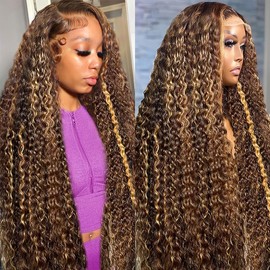 MXTQO Ombre Highlight 13x6 Lace Front Wigs Human Hair HD Transparent Deep Wave Lace Front Wigs Human Hair Pre Plucked 200% Density Glueless #4/27 Colored Honey Blonde Wig for Women (26 Inch)