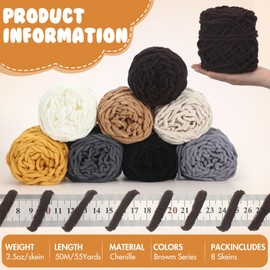 Buryeah 8 Skeins Chunky Chenille Yarn for Crocheting Soft Thick Fluffy Yarn for Hand Knitting Bulky Velvet Blanket Yarn Plush Yarn for Weaving Sweater Shawl Scarf Gloves DIY Craft (Brown Series)