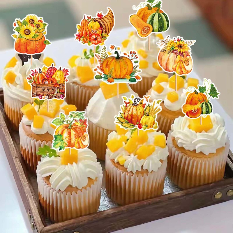 27PCS Pumpkin Cupcake Toppers, Harvest Pumpkin Cake Toppers, Rustic Autumn