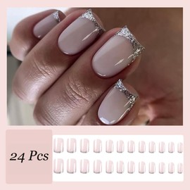 Silver French Tip Press on Nails Medium Square Fake Nails with Silver White Glitter Edge Design Glue on Nails Full Cover Nude Pink Acrylic Nails Glossy French False Nails for Women Artificial Nails