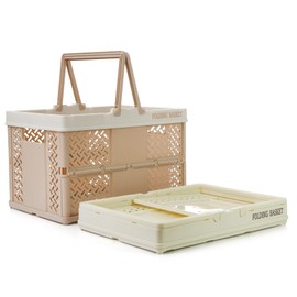 Spesh 2 Pcs Collapsible Storage Crates 31cm*22cm Mini Foldable Kids Shopping Baskets with Handles Small Plastic Crates for Picnic,Shopping,Camping(Beige+Lightpink)