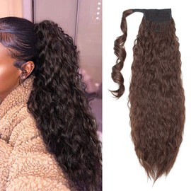 Clip-In Ponytail Hair Extensions Like Real Hair, Magic Paste Wrap Around Ponytail Hairpiece for Women, 66 cm, Wavy Medium Brown
