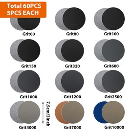 ASTER Pack of 60 Sandpaper 75 mm Round Sanding Discs Sanding Pads Grit 60 80 100 150 320 600 1000 1200 2500 4000 7000 10000 Velcro Dry Wet Pad for Metal Wood Glass Car Polishing