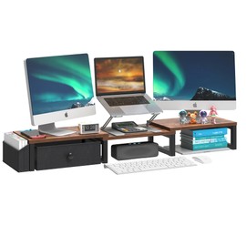 LAND·VOI Heavy Duty Dual Monitor Stand, Holds 2 Screens Up to 27 Inches, Adjustable Length and Angle Monitor Riser, Desk Organizer with Side Pockets and Drawers, Home Office Desk Storage, Rustic Brown