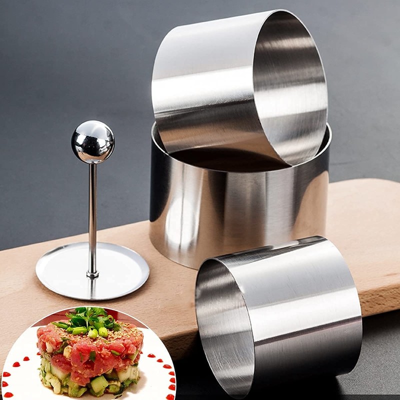 3 Sets Stainless Steel Round Cooking Ring Mold with Press