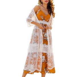 Cárdigan de encaje para mujer, diseño floral de ganchillo transparente para playa, kimono largo abierto, blanco (White4), Talla única