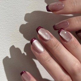 Red French Tip Press on Nails Medium Square Fake Nails Cat Eye Acrylic Nails Glossy Ombre False Nails Shiny Glitter Glue on Nails Squoval Artificial Nails Xmas Stick on Nails for Women Girls 24Pcs