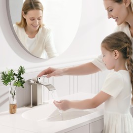 RUACQ Bathroom Faucets, Single Handle Bathroom Sink Waterfall Faucets for 1or 3 Hole, Stainless Steel Washbasin Mixer Tap with Deck, Pop-Up Drain and Supply Hoses (Short, Brushed Nickel)