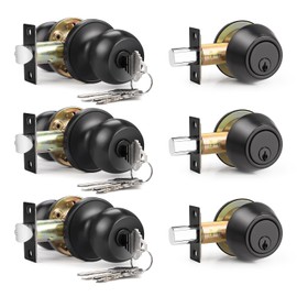 Brotima 3 Pack Entry Door Knob Lockset and Single Cylinder Deadbolt Combination Set in Matte Black Finish, Keyed Alike Exterior Knob Lock and Deadbolt for Front Door and Outside Gate