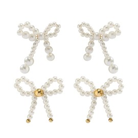 2 Pairs Set Pearl Bow Earrings for Women Pearl Drop Earrings for Women Bow Knot Dangle Earrings Bow Stud Earrings Gifts - Style 01