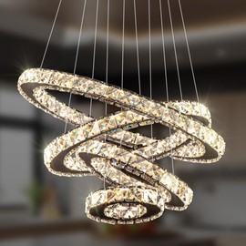 AstroLuominate Dimmable Crystal LED Chandelier(3000-6500K) for High Ceiling – Remote Control, Adjustable Height, Modern Stainless Steel Fixture for Foyer, Staircase, Living Room(Chrome 4-Ring)