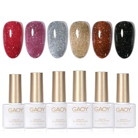 GAOY Reflective Glitter Gel Nail Polish Set of 6 Colors Including Pink Red Silver Black Colors Holographic Gel Polish Kit for Salon Gel Manicure and Nail Art DIY at Home