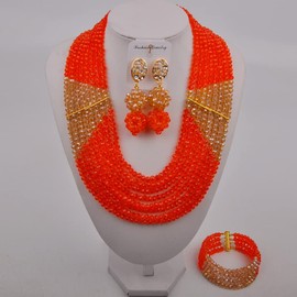 aczuv 8 Lines Statement Strand Necklaces Nigerian Wedding African Beads Jewelry Set Crystal Bridal Jewelry Sets (Orange Champagne Gold AB)